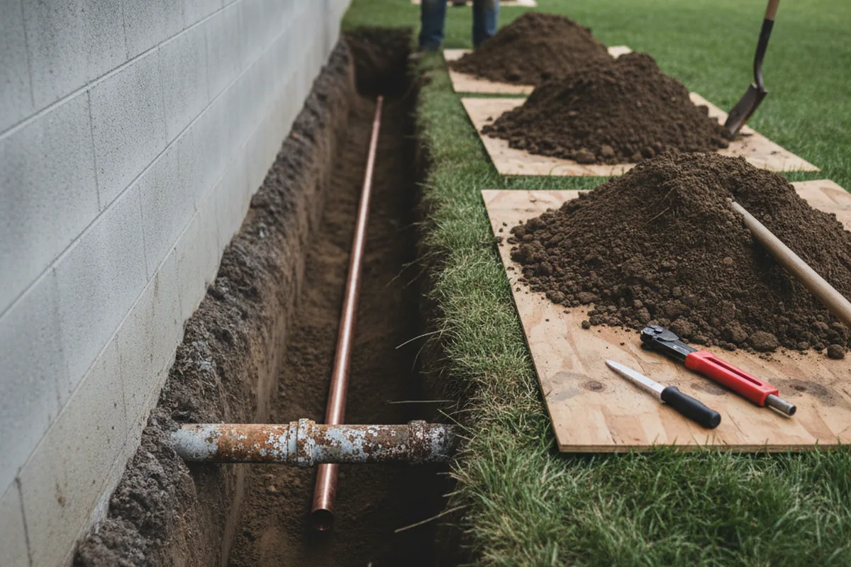 Excavated water line trench during Water Softener Installation in Chatsworth